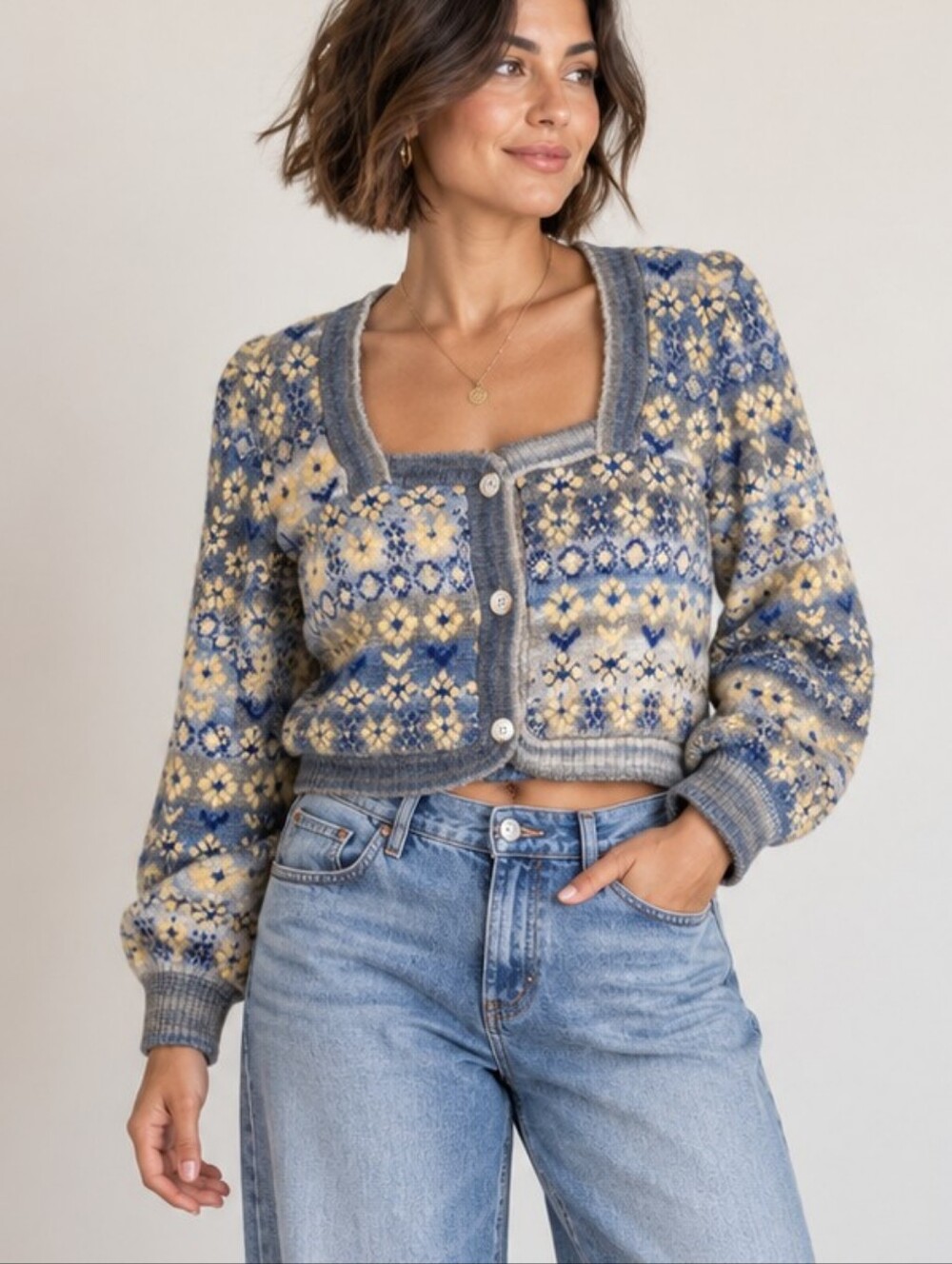 Zara Nordic Crop Sweater Size Small Navy Team Fair Isle Print Square Neck Thick